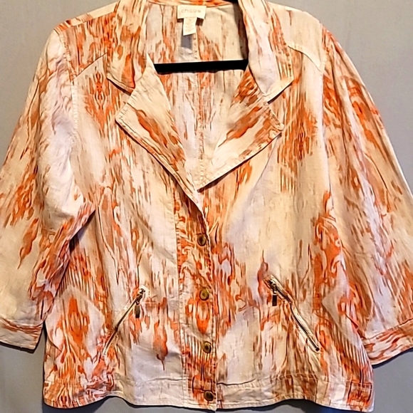 Chico's Size 3 (14) 100% Linen Ikat Printed Jacket Snap Front - Picture 1 of 6